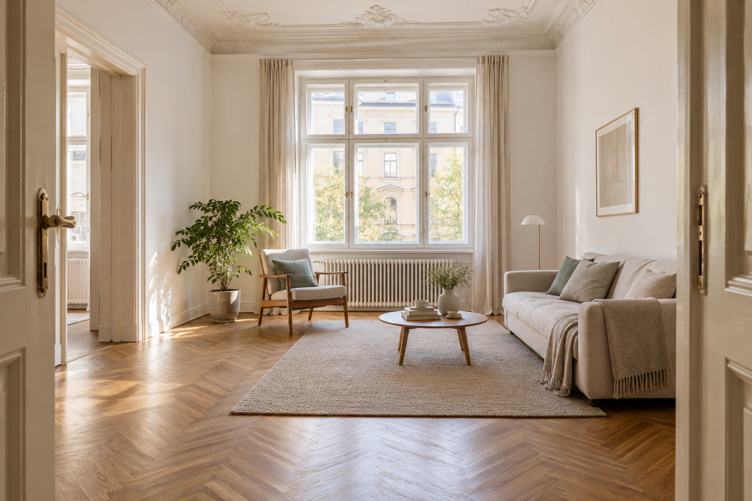 Helles Altbau-Wohnzimmer mit Fischgrätboden, hohen Fenstern und Sitzbereich
